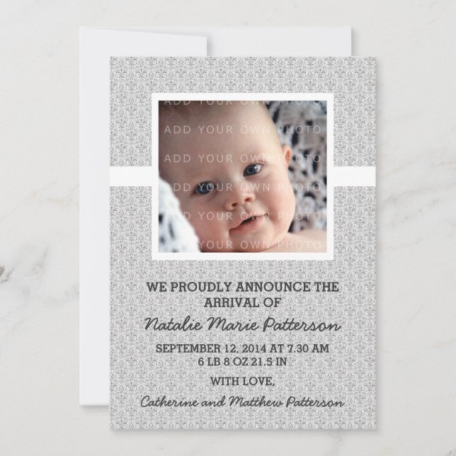 Grey Damask Frame Photo Baby Announcement (Front)