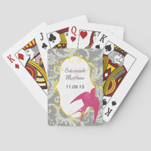 Grey Damask Fuchsia Sparrow  Wedding Playing Card