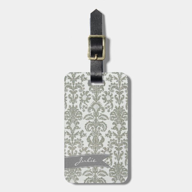 Grey Damask Luggage Tag (Front Vertical)