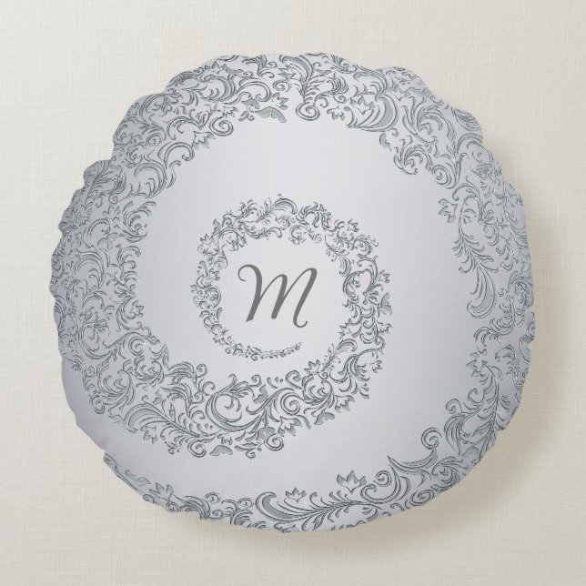 Grey Damask Monogram Round Pillow (Front)