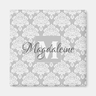 Grey Damask Monogram with Name Magnet