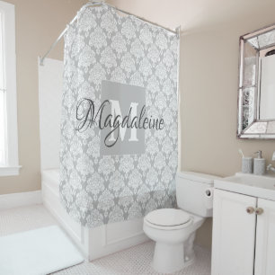 Grey Damask Monogrammed Shower Curtain
