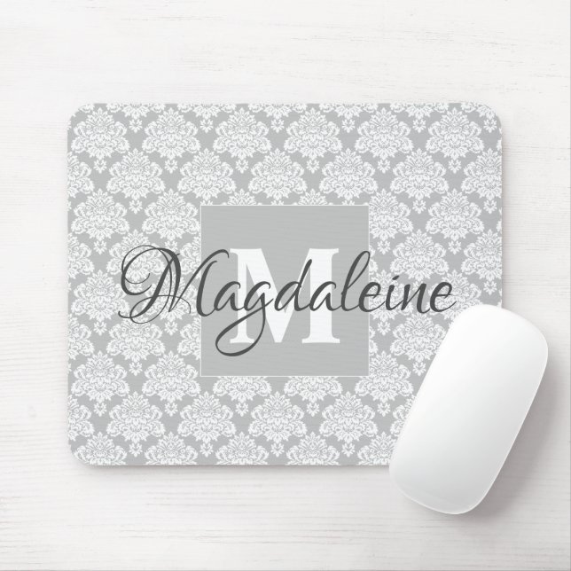 Grey Damask Mouse Pad with Monogram & Name (With Mouse)