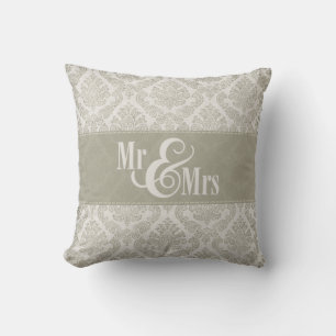 Grey Damask "Mr & Mrs" pillow, personalized Throw Pillow