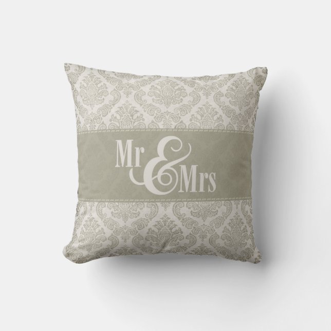 Grey Damask "Mr & Mrs" pillow, personalized Throw Pillow (Front)