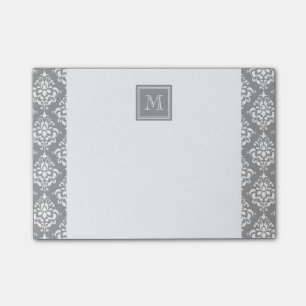 Grey Damask Pattern 1 with Monogram Post-it Notes