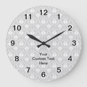 Grey Damask Pattern with Custom Black Text. Large Clock