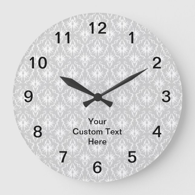 Grey Damask Pattern with Custom Black Text. Large Clock (Front)