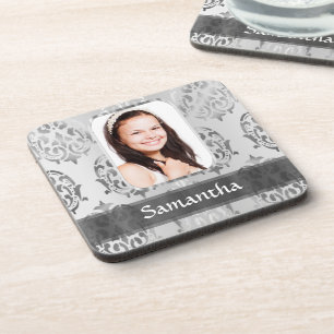Grey damask personalized photo border coaster