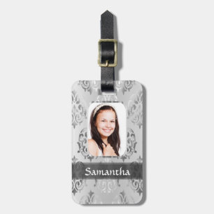 Grey damask personalized photo border luggage tag