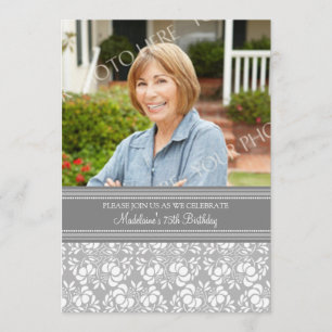 Grey Damask Photo 75th Birthday Party Invitations