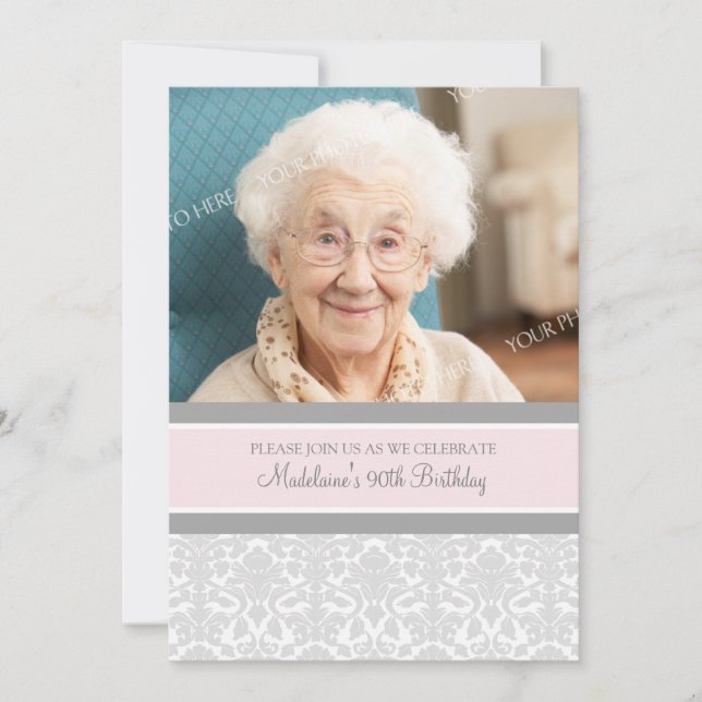 Grey Damask Photo 90th Birthday Party Invitations (Front)