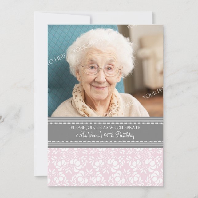 Grey Damask Photo 90th Birthday Party Invitations (Front)