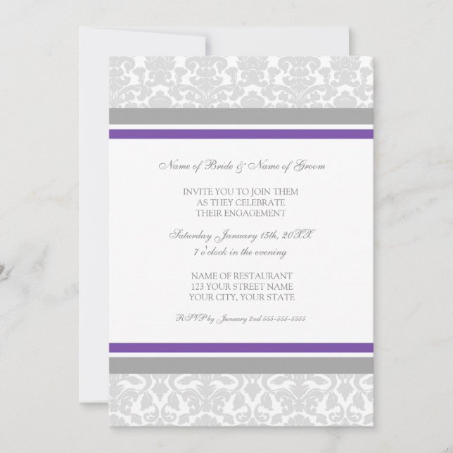 Grey Damask Photo Engagement Party Invitations (Front)