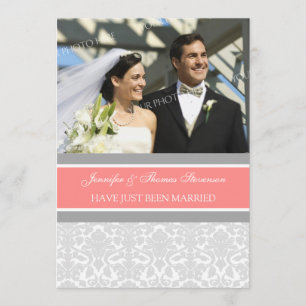 Grey Damask Photo Just Married Announcement Cards
