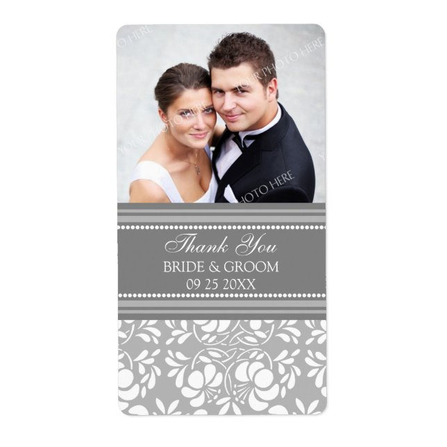 Grey Damask Photo Wedding Labels (Front)