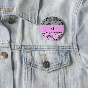 Grey Damask, Pink Damask, Monogram 2 Inch Round Button