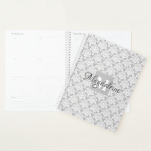 Grey Damask Planner with Monogram & Name