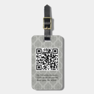 Grey Damask QR CODE Custom Luggage Tag