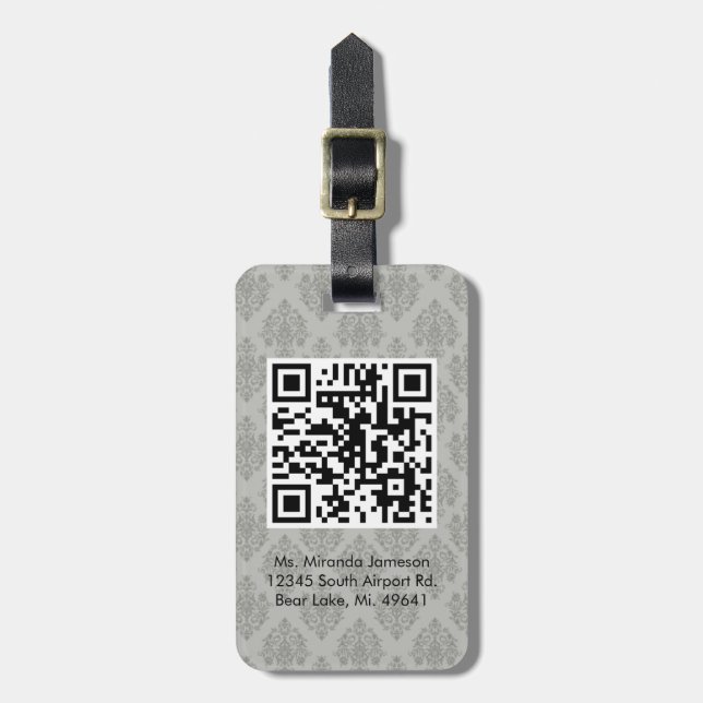 Grey Damask QR CODE Custom Luggage Tag (Front Vertical)