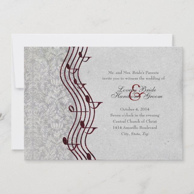 Grey Damask  Red Music Elegant Wedding Invitation (Front)
