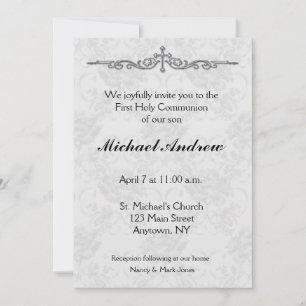 Grey Damask Religious Invitation