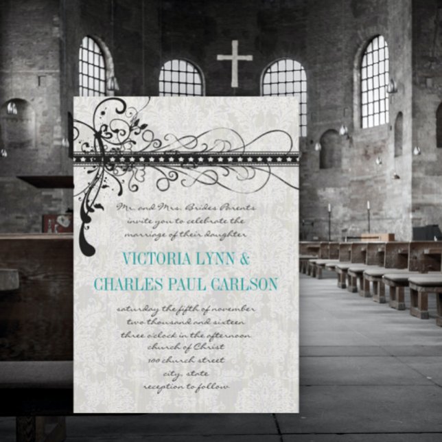 Grey Damask Renaissance Mariage Photo Invitation (Créateur téléchargé)