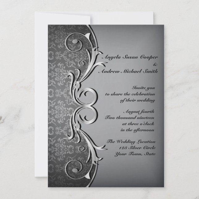 Grey Damask, Silver Scroll Invitation (Front)