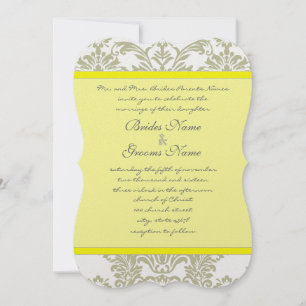 Grey Damask Swirls Bight Yellow Wedding Invitation