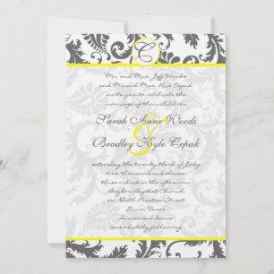 Grey Damask Swirls Bight Yellow Wedding Invitation
