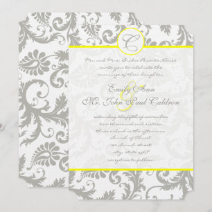 Grey Damask Swirls Bight Yellow Wedding Invitation