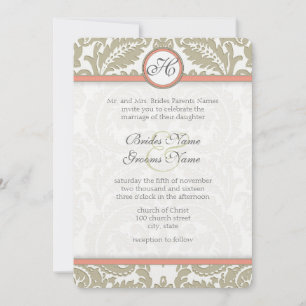 Grey Damask with Coral & Greige Wedding Invitation