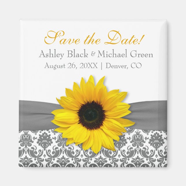 Grey Damask Yellow Sunflower Wedding Save the Date Magnet (Front)