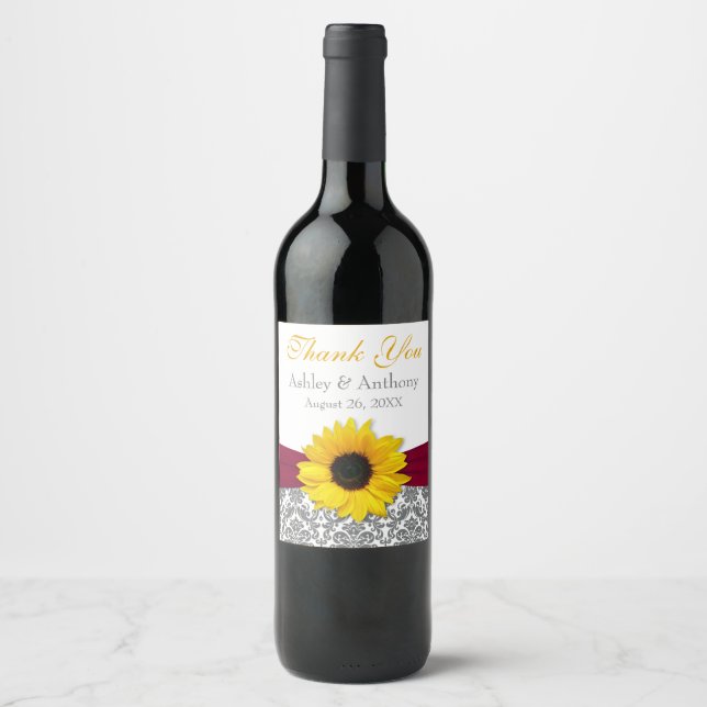 Grey Damask Yellow Sunflower Wedding Thank You Win Wine Label (Front)