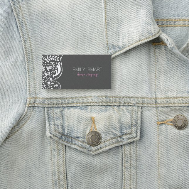 Grey Damasks & White Lace Name Tag (In Situ)