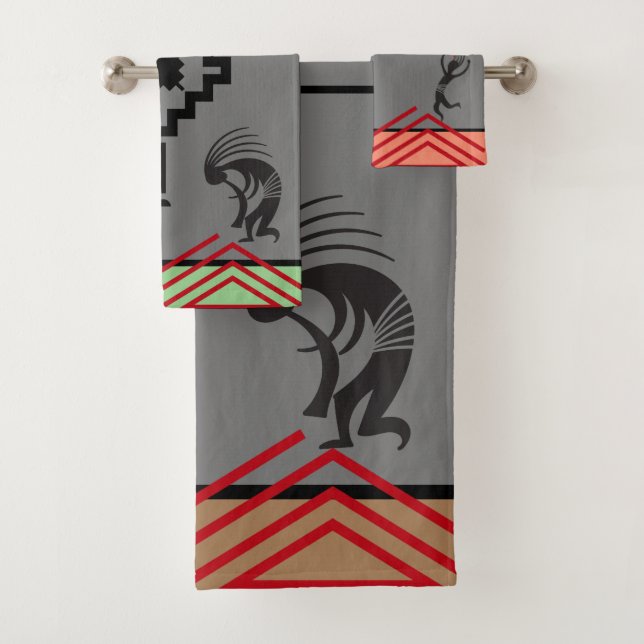 Grey Dancing Kokopelli Bath Towel Set (Insitu)
