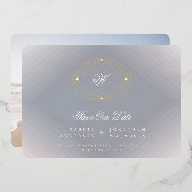 grey deco monogram photo gold SAVE THE DATE (Front/Back)