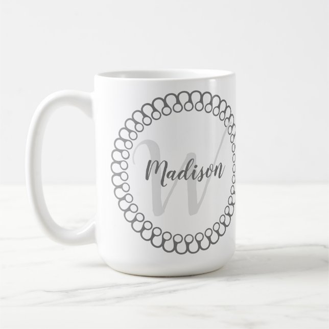 Grey Decorative Circle Personalize Monogram Mug (Left)