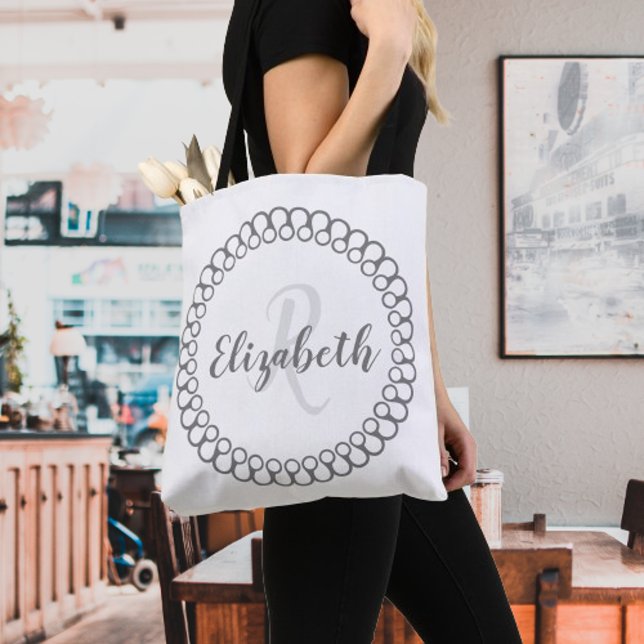 Grey Decorative Circle Personalize Monogram Tote Bag (Gray Decorative Circle Personalized Monogram Tote Bag)