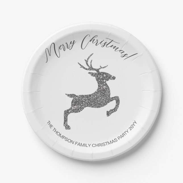 Grey Deer Shape In Faux Glitter Texture With Text Paper Plate (Front)