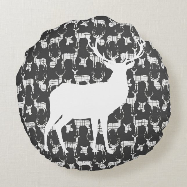 Grey  Deer With White Buck and Doe Round Pillow (Back)