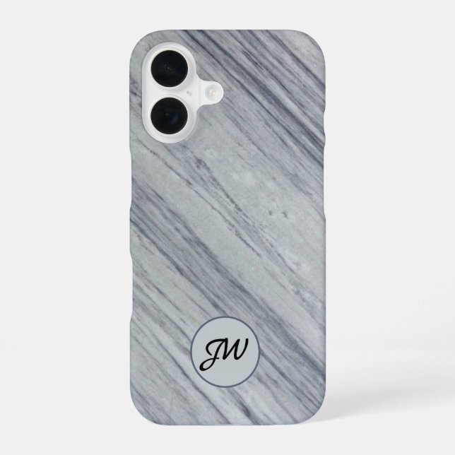 Grey Diagonal Marble Stone Monogram Initials iPhone 16 Case (Back)
