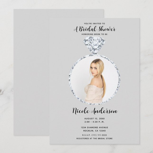 Grey Diamond Wedding Bling Ring Bridal Shower  Invitation (Front/Back)