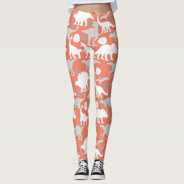 Grey Dino Pattern Orange BG Leggings (Front)