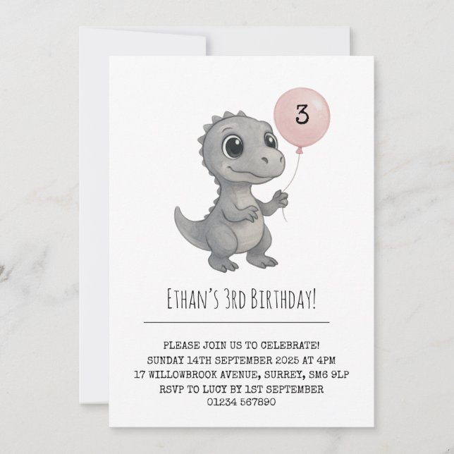 Grey Dino with Pink Balloon Illustration Birthday Invitation (Front)