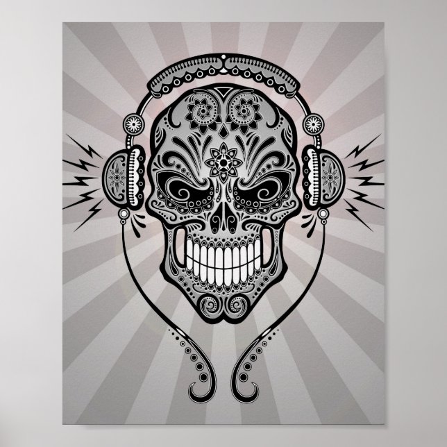 Grey DJ Sugar Skull with Rays of Light Poster (Front)