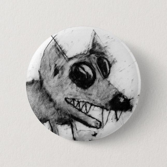 grey dog head button. 2 inch round button (Front)