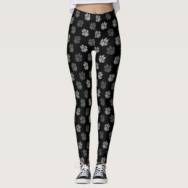 Grey Dog Paws Prints Pattern On Black Leggings (Front)