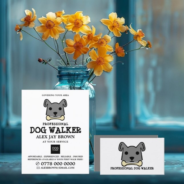 Grey Dog with Bone, Dog Walker Advertising Flyer (Creator Uploaded)