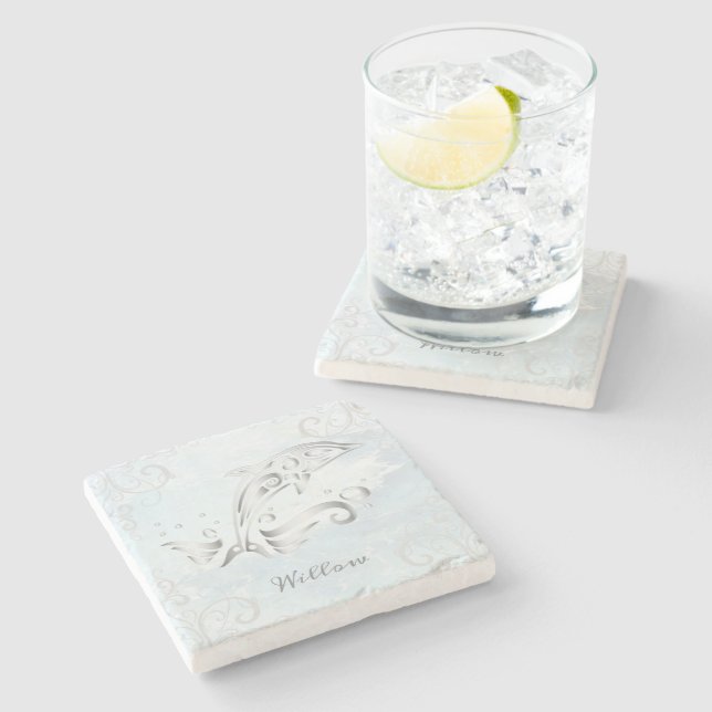 Grey Dolphin Personalized Stone Coaster (Side)